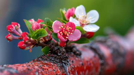 A stunning close-up of pink and white blossoms nestled on a rustic branch, showcasing the beauty of spring and the vibrant colors of nature in full bloom.の素材