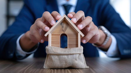 A business professional's hands cradle a wooden house model placed on a burlap sack, representing the essence of financial investment in real estate and the promise of stability.の素材