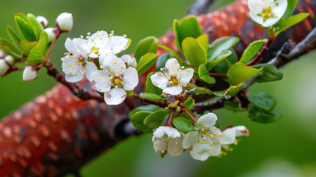 A stunning close-up of white blossoms and fresh green leaves on a branch, set against a soft blurred background, capturing the essence of spring's beauty in nature.の素材