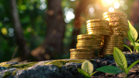 Stacked gold coins shimmer softly in the sunlight, resting on a mossy rock amidst lush greenery, symbolizing wealth and financial growth in a tranquil outdoor setting.の素材