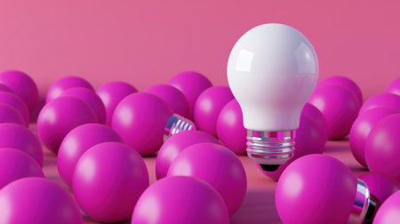 A bright white light bulb stands out against a backdrop of vibrant pink balls, creating a playful and creative atmosphere perfect for design and innovation themes.の素材