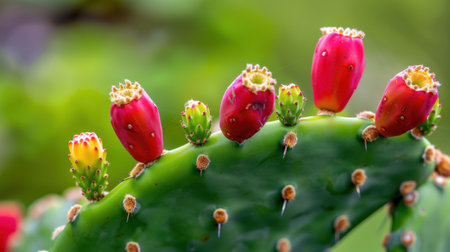 This close-up captures the striking colors of prickly pear cactus fruit on green pads, set against a lush background, perfect for nature lovers and gardening enthusiasts.の素材