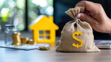 A close-up view of a hand holding a money bag with a dollar sign, set against a backdrop of a yellow house model and financial documents, emphasizing money management and investment.の素材