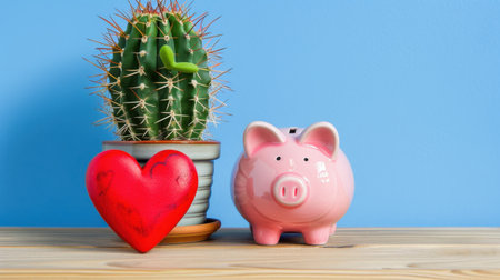 A vibrant setup featuring a cactus, piggy bank, and heart decoration against a soft blue background, perfect for themes of love, finance, and stylish home decor.の素材