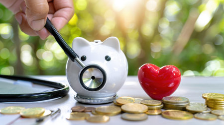 A hand holds a stethoscope to a piggy bank, surrounded by coins and a heart, illustrating the connection between financial health and well-being in a natural setting.の素材