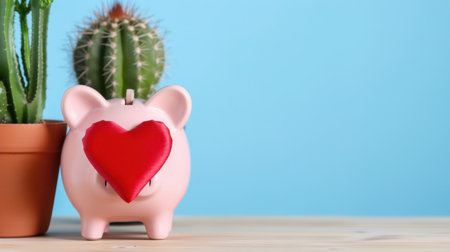 A charming piggy bank with a red heart, accompanied by a small cactus plant in a pot, set against a light blue background, symbolizing love for saving and financial growth.の素材