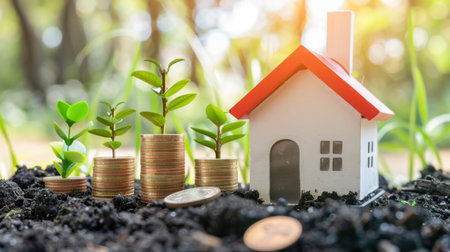 A vibrant scene showcasing a miniature house surrounded by growing plants and stacks of coins, representing the relationship between real estate investment and environmental growth.の素材