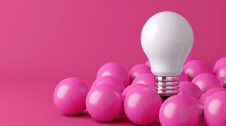 A white light bulb stands tall among vibrant pink balls, creating a striking visual on a bright pink backdrop, symbolizing creativity, energy, and inspiration in modern design.の素材