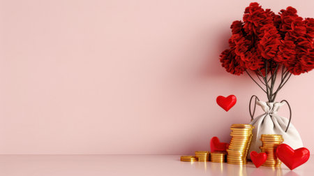A charming arrangement featuring vibrant red flowers, gold coins, and playful hearts against a soft pink backdrop, perfect for expressing love and celebration.の素材