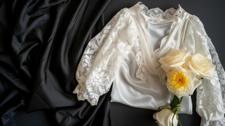 This elegant image features a delicate white blouse with lace sleeves, complemented by soft floral arrangements against a dark satin background, perfect for fashion or design inspiration.の素材