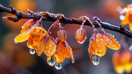 Stunning close-up of orange flowers adorned with dew drops, showcasing the intricate details of nature in a serene garden setting during early morning light.の素材