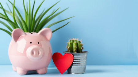 A vibrant composition featuring a pink piggy bank, a green plant, and a cactus on a blue background symbolizes love and growth in the context of financial planning and personal savings.の素材
