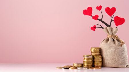 This image combines elements of love and finance, featuring a money bag, coins, and hearts on a gentle pink background, ideal for romantic or financial themes.の素材