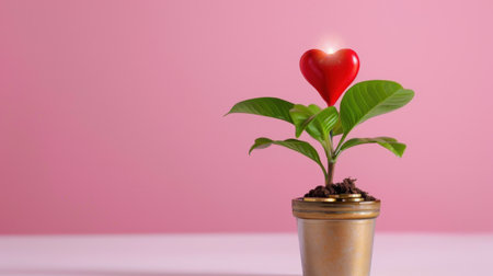 A vibrant green plant with a heart-shaped decoration sits in a gold pot against a soft pink background, symbolizing love, growth, and beauty in nature. Perfect for artistic and inspirational themes.の素材