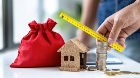 A hand uses a measuring tape to assess a stack of coins next to a model house and a red bag, symbolizing money management and investment strategies for personal finance.の素材