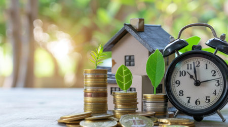 Conceptual image of financial growth in real estate. Coins stack beside a model house, leaves symbolize sustainability, accompanied by a clock for time management. Perfect for finance themes.の素材