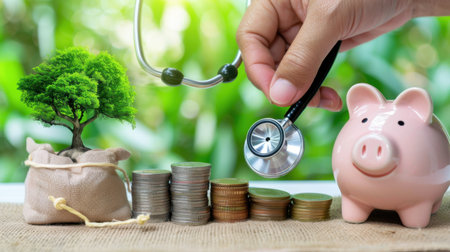 A hand with a stethoscope examines a piggy bank and coins, symbolizing the connection between financial health and personal wellness in a vibrant natural setting.の素材