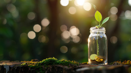 A young green plant emerges from coins inside a glass jar on a wooden stump, illuminated by warm sunlight, illustrating concepts of growth, sustainability, and investment in nature.の素材
