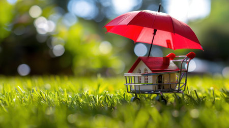 This image features a miniature house with a vibrant red umbrella placed on lush green grass, symbolizing protection and security in the real estate and investment sectors.の素材