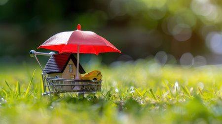 A whimsical scene featuring a miniature house and car in a shopping cart sheltered by a red umbrella on lush green grass, symbolizing financial security and protection in a playful manner.の素材