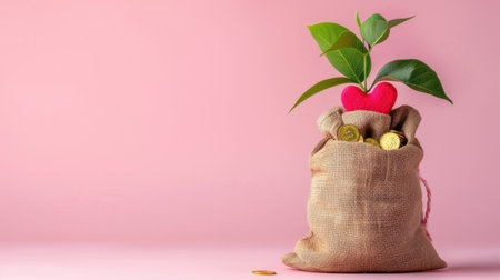 A burlap sack overflowing with coins and a green plant emerging from it, symbolizing love and financial growth against a soft pink backdrop, perfect for concepts of prosperity and hope.の素材