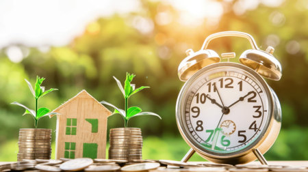 A visually appealing representation of investment growth featuring a vintage clock, a house model, and coins, symbolizing the importance of timing in financial planning and wealth management.の素材