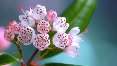 A stunning closeup of delicate pink and white flower petals with striking red dots, set against a soft background, capturing the essence of nature's beauty and tranquility.の素材