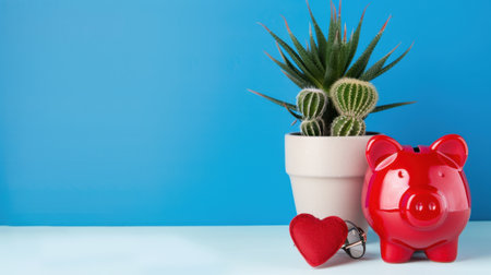 This image features a bright red piggy bank beside a stylish cactus plant and a heart-shaped keychain against a vibrant blue background, symbolizing saving and love.の素材