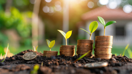A captivating image illustrating the connection between financial growth and nature, showcasing coins stacked with green sprouts, symbolizing sustainability and investment potential.の素材