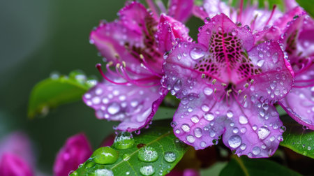 A stunning close-up photograph of pink flowers adorned with raindrops, showcasing their delicate beauty and the fresh essence of nature in a serene environment.の素材