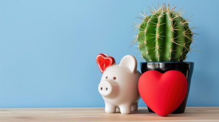 A charming setup featuring a cactus in a pot beside a piggy bank and a red heart, perfect for uplifting spaces and celebrating love, savings, and creativity in design.の素材