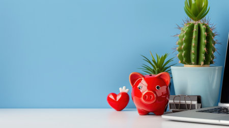 A playful arrangement featuring a cute piggy bank, a heart symbol, and a cactus on a desk against a blue background, perfect for themes of savings and motivation in a creative workspace.の素材