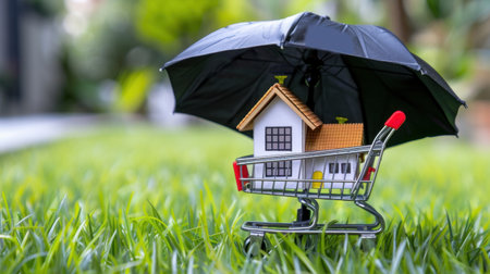 A unique image showing a miniature house in a shopping cart, shielded by an umbrella on lush green grass, symbolizing the ideas of investment safety and financial security in real estate.の素材