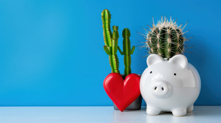 A charming scene featuring a white piggy bank next to a red heart and green cacti against a bright blue background, representing growth and nurturing financial wellbeing.の素材