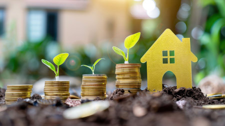 Conceptual image showing growth in finance with gold coins, green plants and a house icon, symbolizing investment in real estate and prosperity in a sustainable environment.の素材