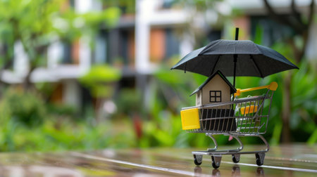 A creative image showcasing a shopping cart carrying a house model under an umbrella, representing the concept of real estate investment and financial security in a lush outdoor setting.の素材
