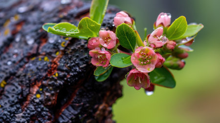 A close-up view of delicate pink flowers adorned with dew drops against rustic bark, creating a tranquil nature scene evocative of a rainy season ambiance.の素材