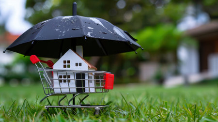 A whimsical scene with a miniature house placed in a shopping cart, sheltered by an umbrella on vibrant grass, illustrating concepts of home protection and real estate investment.の素材