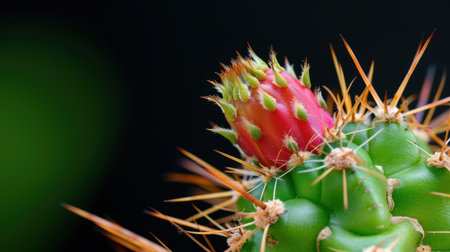 A striking close-up of a cactus flower bud displaying rich colors and sharp spines, offering a stunning detail of nature's resilience and beauty in a dark setting.の素材