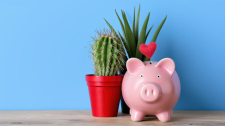 This charming image features a pink piggy bank with a heart, surrounded by cacti and potted plants against a vibrant blue backdrop, symbolizing savings and financial growth.の素材