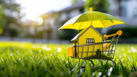 Miniature house with a bright yellow umbrella sits in a shopping cart on vibrant green grass, symbolizing the importance of protection and investment in real estate under soft sunlight.の素材