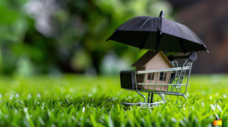 A unique representation of a miniature house in a shopping cart with an umbrella, symbolizing safety and security in real estate investment and financial planning themes.の素材