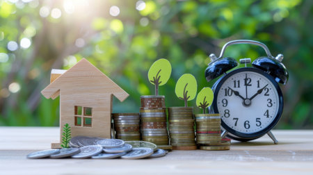 Image shows stacked coins representing savings and investment, with a wooden house and clock, symbolizing growth, time management, and financial planning in a natural environment.の素材