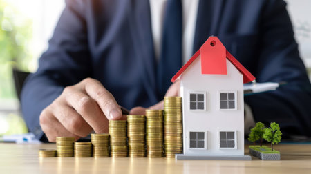 A businessman evaluates real estate investments with a model house and stacked coins, representing financial growth and strategic decision-making. Ideal for business-related content.の素材