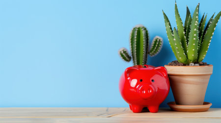A vibrant red piggy bank sits beside a green cactus plant in a pot on a wooden table, symbolizing savings and growth against a calming blue background.の素材