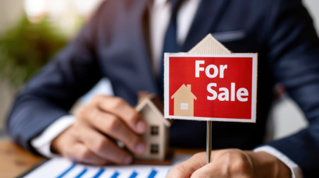 A professional real estate agent presents a "For Sale" sign and a miniature house at their desk, surrounded by graph charts, emphasizing property marketing strategies.の素材