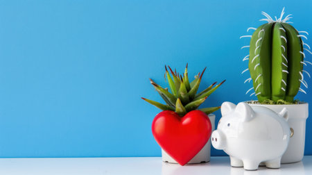 A charming arrangement featuring a heart-shaped object, a piggy bank, and succulent plants against a vibrant blue backdrop, perfect for financial inspiration and nature appreciation.の素材