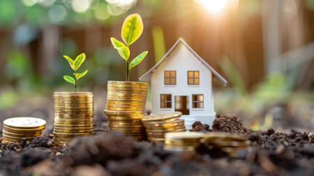 A captivating image illustrating the relationship between real estate investment and wealth growth, featuring coins, a miniature house, and budding plants in a natural setting.の素材