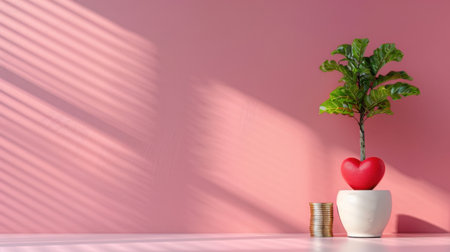 A charming heart-shaped plant in a stylish white pot stands next to gold coins on a soft pink background, creating a warm and inviting atmosphere for any indoor space.の素材