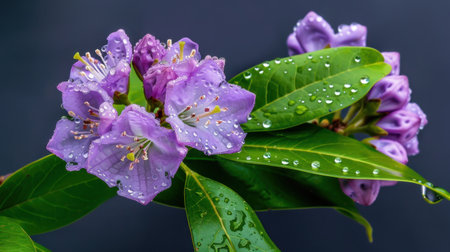 Stunning close-up image featuring vibrant purple flowers adorned with raindrops on lush green leaves, highlighting the intricate beauty of nature in a peaceful setting.の素材